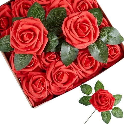16 Pcs Artificial Flowers, Red Fake Roses with Stems