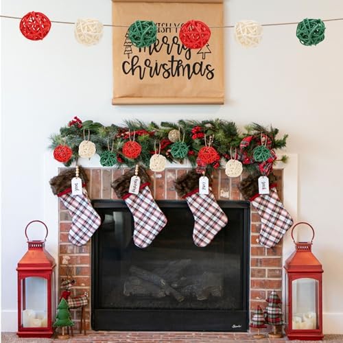 Lucleag 36Pcs Christmas Rattan Balls Decorations, 1.18in Red White Green Natural Wicker Balls Ornament Vase Filler DIY Craft with Hemp Rope for Xmas Tree Home Table Decorations Party Supplies