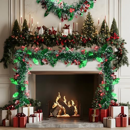 KINGLAKE Christmas Red and Green Tinsel Garland 33 Ft