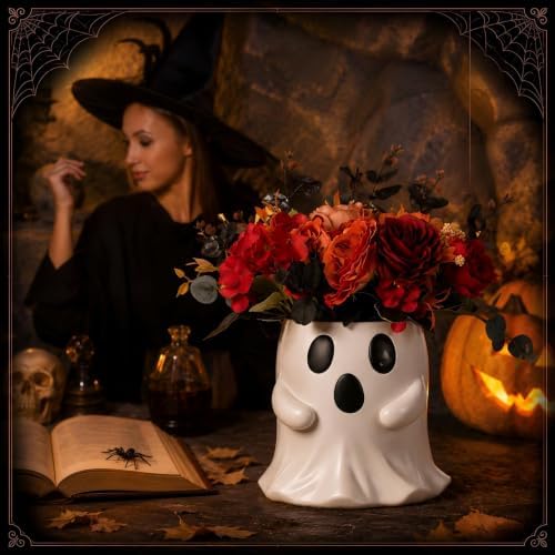 SiliFine Halloween Ghost Bucket with Artificial Flowers Halloween Vase