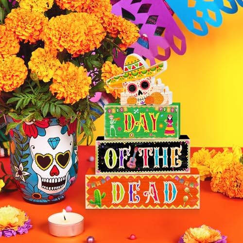 Britimes Skull Day Tiered Tray Decor Set, 4 Pack, Wooden Table Sign