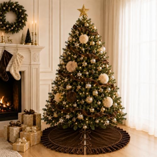 Velvet Christmas Tree Skirt Brown 60 inch Ruffled Holiday Tree Skirt for Rustic Xmas Tree Decoration