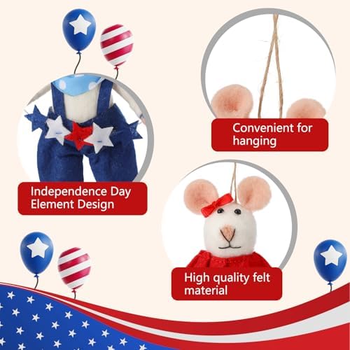 Hahafelt 4 Pcs 4th of July Felt Mice Ornament Cute Patriotic Wool Mouse Set