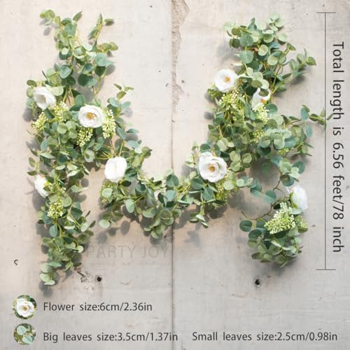 PARTY JOY 2pcs 6.56ft Eucalyptus Garland with Flowers-8 White Roses, Artificial Fake Flowers Greenery Garland Floral Vines for Decoration Party Wedding Table Indoor Outdoor Backdrop Wall Decor(White)