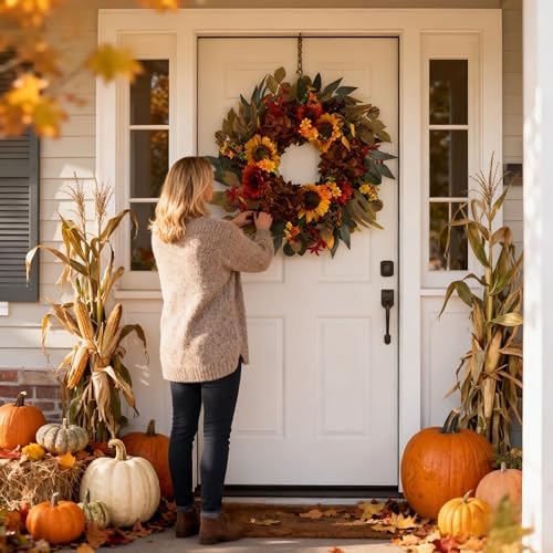 HipTree 24 Inch Fall Sunflower Hydrangea Wreath Autumn Front Door Wreath