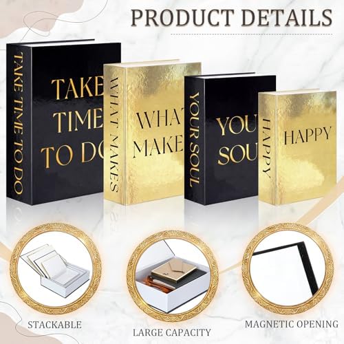 Sabary Set of 4 Decorative Books Boxes Faux Books Stacked for Coffee Tables Modern Home Bookshelves DIY Crafts Decor (Black and Gold,Inspirational Themes)