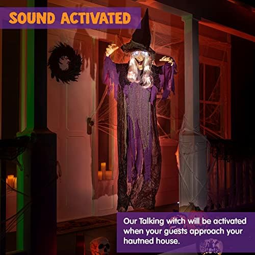 JOYIN 72” Halloween Hanging Witch Decorations Outdoor, Flying Talking Ghost Decor Light Up Eyes Sound Activated, Outside Indoor Haunted House Prop for Lawn Yard Garden, Purple
