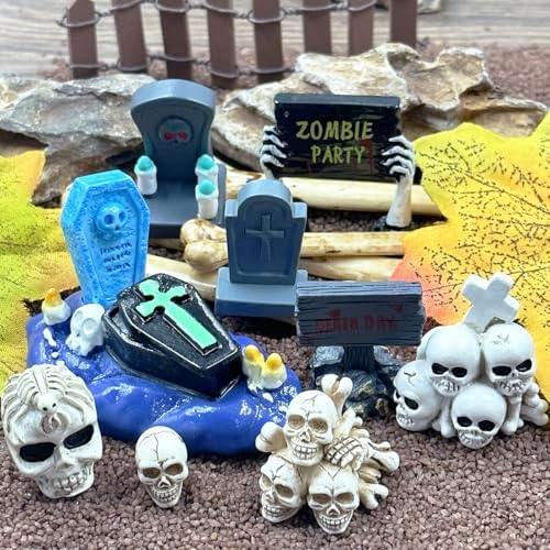 20 Halloween Miniature Figurines,Mini Resin Tombstones Skull Heads Figures