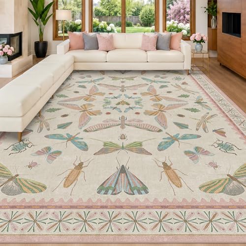 Hazo Haus 9x12 Pink Area Rug for Girls Bedroom, Washable Living Room & Dining Room Rug with Pastel Flower Insect Print