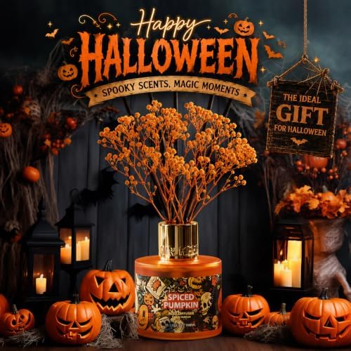 Airkeep Halloween Reed Diffuser Set,3.38 fl oz (100 ml) - Spiced Pumpkin Oil Diffusers with 8 Reed Sticks, Home