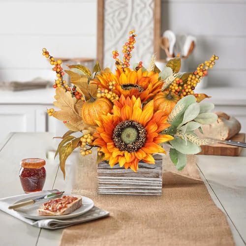 DILATATA Fall Decor Autumn Harvest Floral Centerpiece with Artificial Sunflowers Lambs Ear Gourd and Berries Arrangement for Thanksgiving Party Mantel Fall Decor