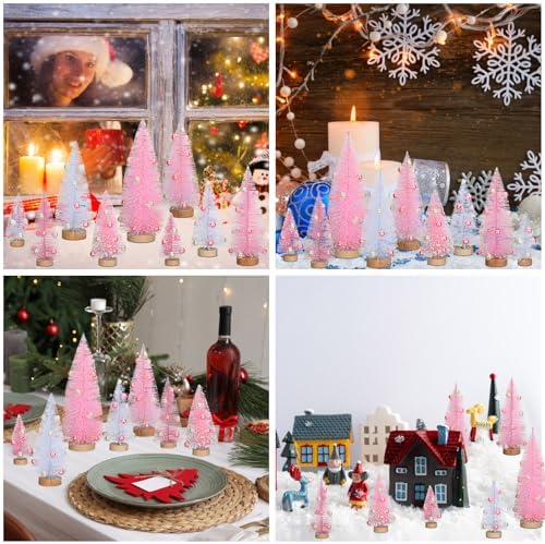 Leyndo 9 Pcs Pink Pearl Artificial Mini Christmas Tree with Wood Base