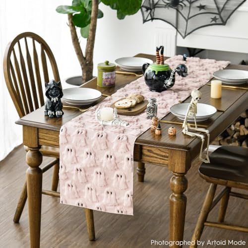 Artoid Mode Pink Soft Faux Fur Ghost Halloween Table Runner 13x72 Inch