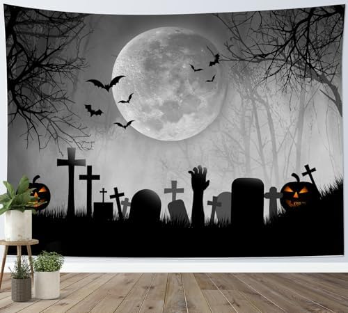 LB Halloween Full Moon Tapestry Horror Black Bat Pumpkin and Cemetery in Misty Forest Wall Tapestry for Bedroom Spooky Night Sky Wall Art for Living Room Decor, 92.5 x 70.9 Inches