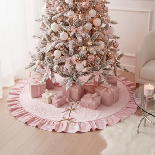 Velvet Christmas Tree Skirt, 60 Inches, Bow Style, Pink