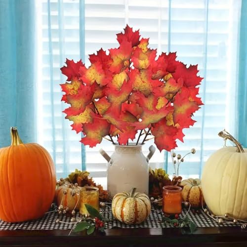5 Pcs Fake Fall Maple Leaves Stems 19.6” Artificial Autumn Foliage Branches