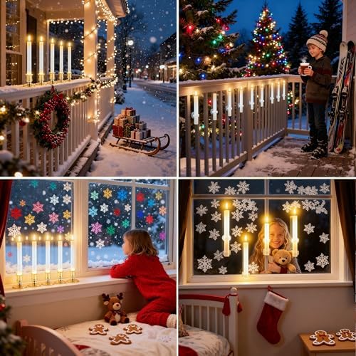 Christmas Window Candles, 6 Pcs Battery Operated Flameless Taper Candles with Remote, Timer, 3D Wick, Holders & Suction Cups for Christmas, Wedding, Halloween Decor