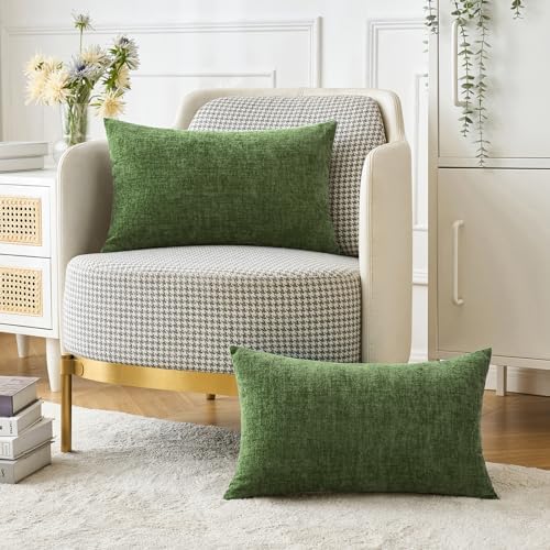 MIULEE Soft Chenille Lumbar Throw Pillow Covers Moss Green 12x20 Pack of 2