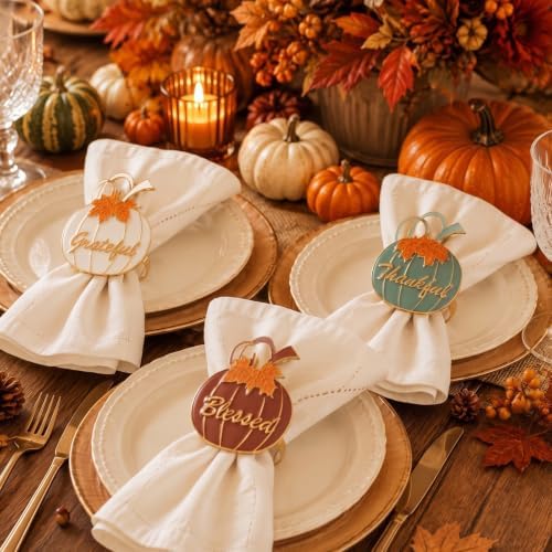 WILLBOND 12 Pcs Fall Thanksgiving Pumpkin Napkin Rings, White Orange Green