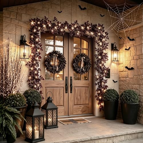 Fall Garland for Mantle, 2 Pack 7 Ft Plum Cimicifuga Seeded Leaf Garlands