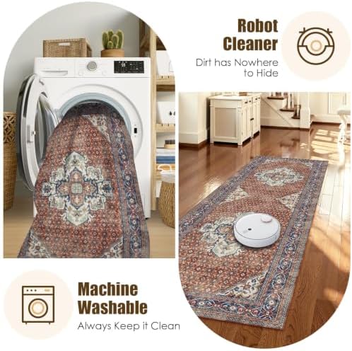 Washable Area Rug 2'6'' x 8' Vintage Traditional Persian Mat - Foldable Distressed Non-Slip Machine Washable Carpet for