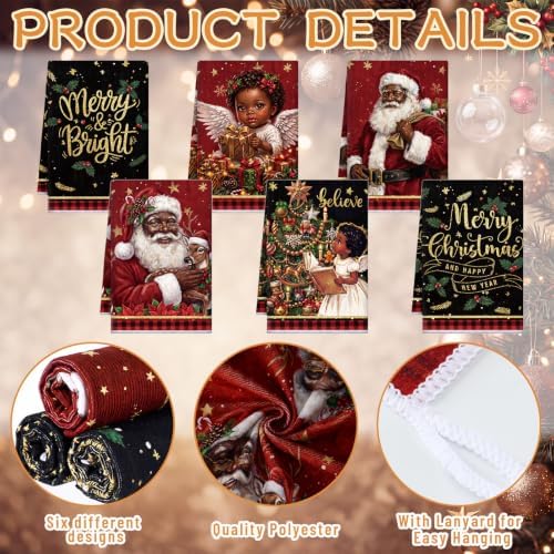 Redbaker 6 Pcs Christmas Kitchen Towels, Black Santa Claus Funny Dish Towel, Xmas Angel Absorbent Fast Drying Tea Dishcloth with Hanging Loop for Kitchen Bathroom Home Housewarming Gift