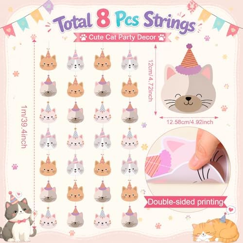 Xinnun 8 Pcs Cat Birthday Party Decorations Pink Kitten Cat Garland Banners