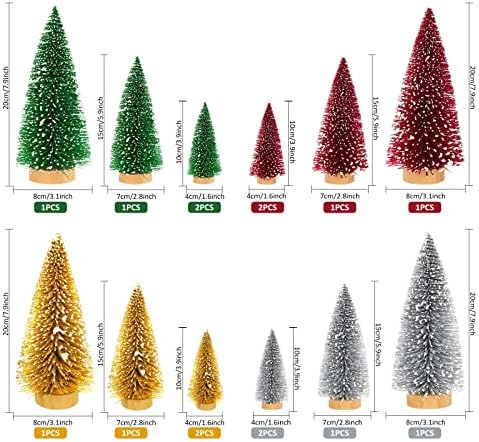 Whaline 16Pcs Artificial Mini Christmas Tree Snow Frosted Trees Red Green Gold Silver Bottle Brush Trees Desktop Mini Pine Tree with Wood Base for Xmas Home Office Tabletop Crafts, 3 Sizes