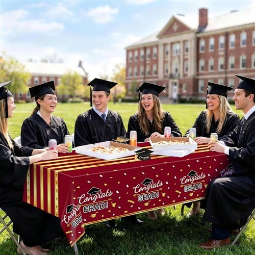 Childom 3 Pack Graduation Tablecloth,Graduation Decorations 2026 Graduation Party Decorations,54"x108"Wine Red and Gold Graduation Decorations,Disposable Plastic Table Cloth Rectangle for Grad Party