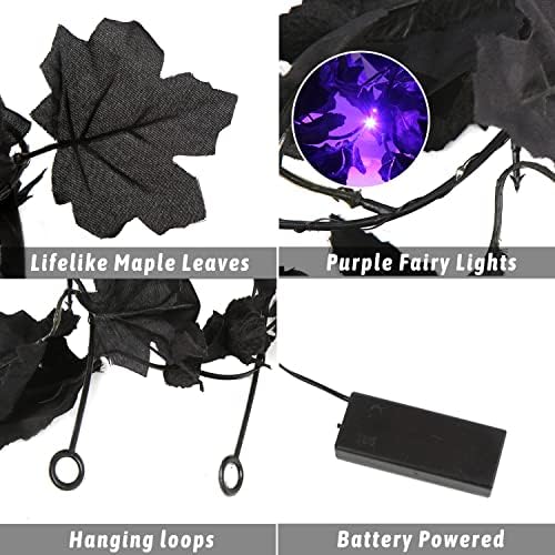 FOIMAS Halloween Maple Garland,2pcs Black Maple Leaves Garland with Lights for Halloween Mantle Fireplace Tree Decoration