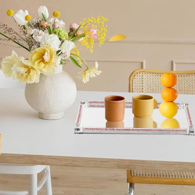 Crystal Glass Perfume Tray for Dresser Cosmetic Trinket Jewelry Vanity Trays / Rose Red B