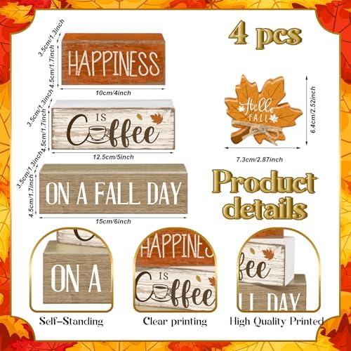 Lineshading 4 Pcs Fall Table Decor Maple Leaf Coffee Sign, Wood Block Set