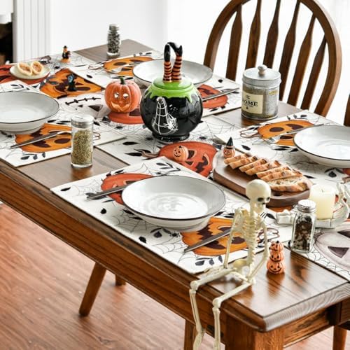 Artoid Mode Pumpkins Spider Web Halloween Placemats Set of 4, 12x18 Inch Fall Holiday Table Mats for Party Kitchen Dining Decoration