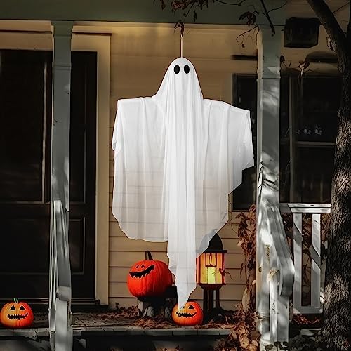 JOYIN Halloween Hanging Light up Ghost, 47" White Ghosts with Purple LED Light and Timer Halloween Hanging Decoration Waterproof for Front Yard Patio LawnGarden Party Decor Indoor Outdoor