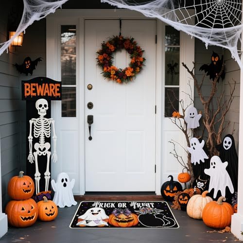 Halloween Door Mat Set of 2, Trick or Treat Doormat with Rubber