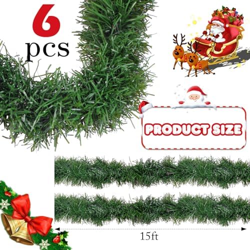 Shappy 90 ft 6 Rolls Christmas Tinsel Garland for Tree, Matte Green
