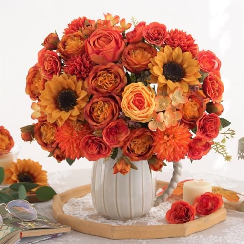 8 Pcs Mixed Autumn Artificial Peony Flower Set-4 Bouquets & 4 Stems, Orange Yellow Fake Peony Sunflower Rose Silk Flower for Fall Table Centerpiece Farm Wedding Thanksgiving Halloween Home Decor