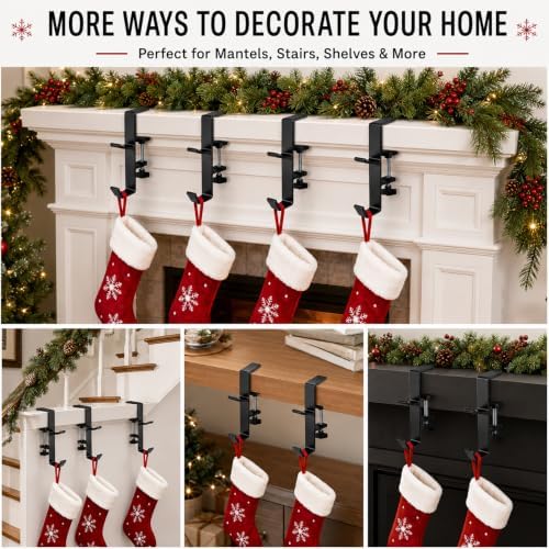 AZHAIBUQI 4 Pack Stocking Holders for Mantle, Upgraded 2 in 1 Christmas Stocking Hangers & Garland Holder, Adjustable Fireplace Hooks Fit Mantels Up to 3.54 Inches Thick, No Drilling, Black