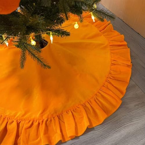 Velvet Christmas Tree Skirt Yellow 48 inch Ruffled Holiday Tree Skirt for Rustic Xmas Tree Decoration