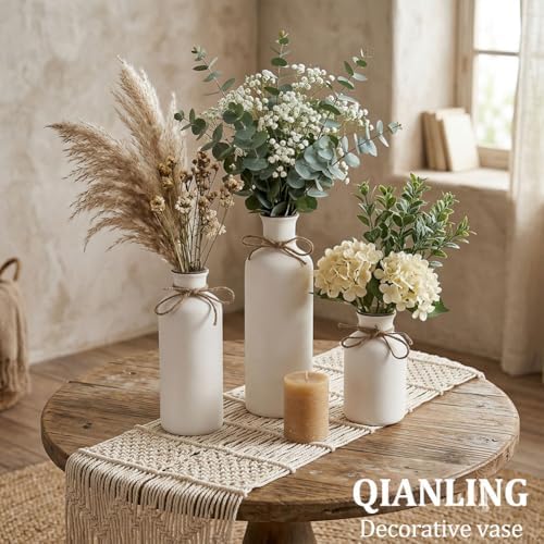 White Ceramic Vase Set - 3 Small Vases, Minimalist Decor Boho Vases, Modern Farmhouse Home Décor Accents, Living Room