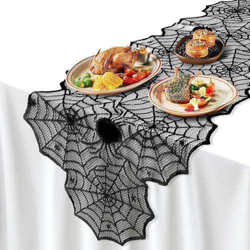 Halloween Decorations Table Runner with Black Lace Spider Web 18 X 72 Inch