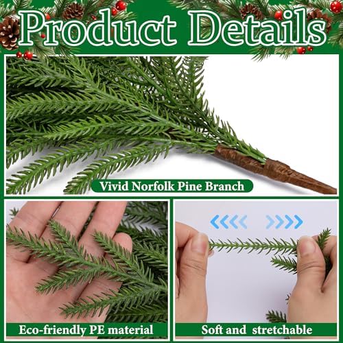 PURPLE STAR 1N 15 Pcs Christmas Norfolk Pine Branches, 19" Extra Length Fake Greenery Norfolk Pine Stems Sprigs, Artificial Xmas Branches Plants Pines Needles for DIY Craft Garland Home Garden Decor