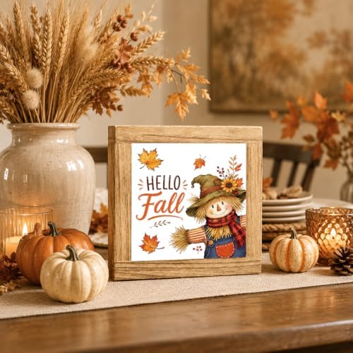 Fall Wood Sign, Hello Fall Scarecrow and Maple Leaf Tabletop Decor