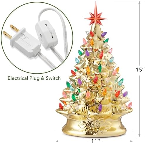 Casafield Hand Painted Ceramic Christmas Tree, Gold 15-Inch Pre-Lit Tree with 128 Multi Color Lights and 2 Star Toppers