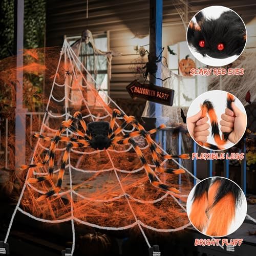 Halloween Decorations, 200" Triangular Spider Web +59" Giant Spider