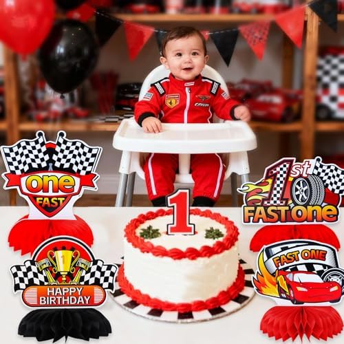 TONIFUL Fast One 1st Birthday Black and Red Race Car Themed Centerpieces