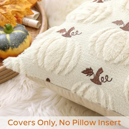 Artscope Fall Pumpkin Throw Pillow Covers 18x18 Set of 2, Autumn Soft Plush Faux Fur Decoration Cushion Covers for Thanksgiving Holiday Couch Sofa Bedroom Home Decor-Beige