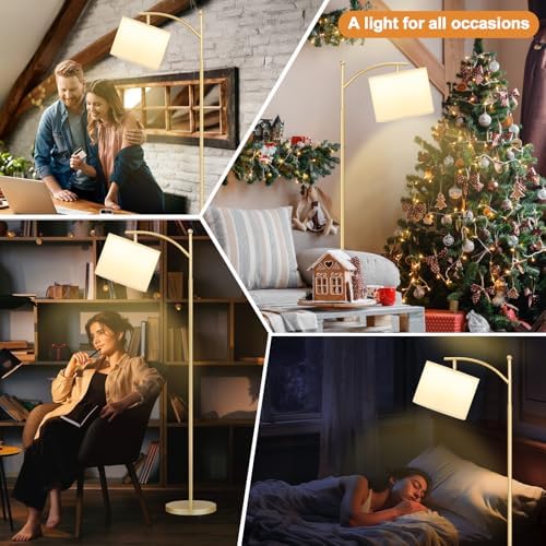 Ambimall 60" Floor Lamp for Living Room with 3 Color Temperatures, Adjustable White Shade with Gold Pole, Tall Lamp for