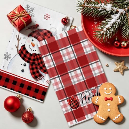 Hexagram Christmas Kitchen Towels, Red Plaid Christmas Hand Towels Set of 4