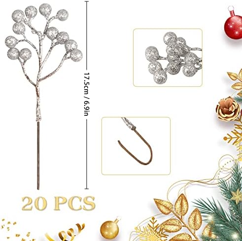 20 Pack Artificial Silver Berry Stems, 7.1 Inch Burgundy Silver Berry Picks Holly Berries Branches for Christmas Tree Decorations Crafts Wedding Holiday Season Winter Décor Home Decor